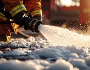 Firefighting foam being sprayed from fire hose - Fire Buyer