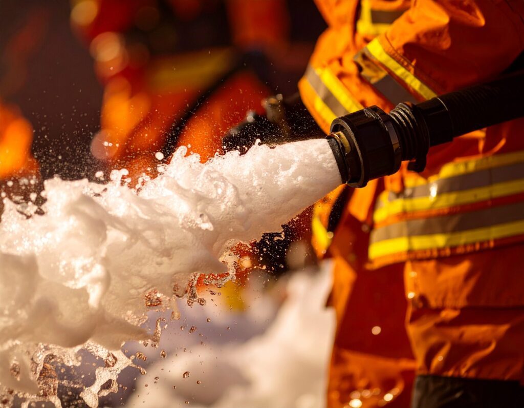Firefighting foam being sprayed from fire hose image - Fire Buyer