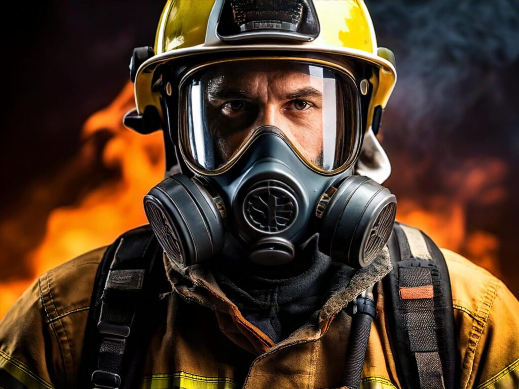 Fire fighter in the outfit, with fire protection mask - Fire Buyer